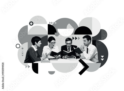 people discussing books around table, geometric semicircles arrows and abstract shapes illustrating collaboration and knowledge sharing, black and white retro