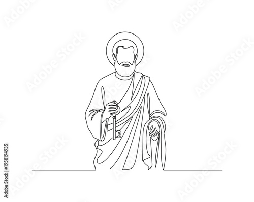 Saint Peter Symbolic Icon. Minimalistic one-line drawing abstract Saint Peter with key and halo as symbolic religious icon, continuous single black line on