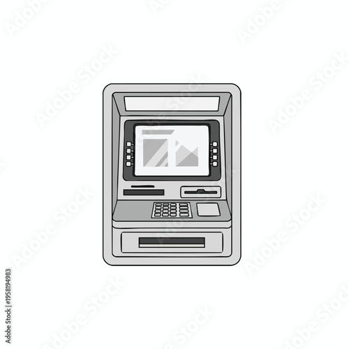 Gray automated teller machine with screen, keypad, card slot, and receipt dispenser