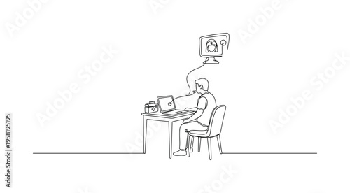 Home Telemedicine Setup. Minimalistic one-line drawing patient at home with laptop and medical kit connected to virtual healthcare provider, continuous single
