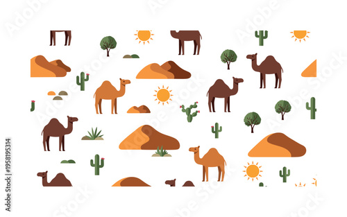 desert safari adventure seamless pattern, repeating pattern, surface design, textile print, modern illustration of camels, dunes, sun, and sparse vegetation,