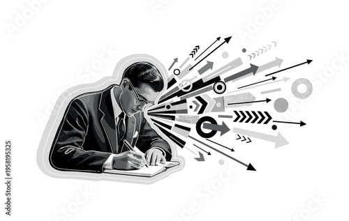writer at desk with notebook, geometric arrows circles and abstract shapes representing focus and inspiration, black and white retro realistic figure layered