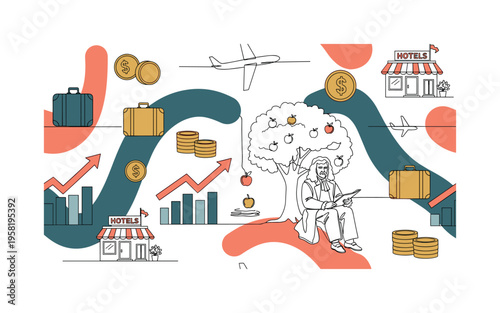 tourism economic growth seamless pattern, planes suitcases hotels shops restaurants and coins with growth arrows and charts arranged in a repeating pattern,
