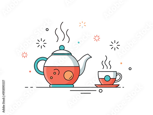 Tea pot warm beverage moment with a teapot and steam rising softly symbolizing relaxation, comfort and cozy home rituals. Decorative spark icons emphasize