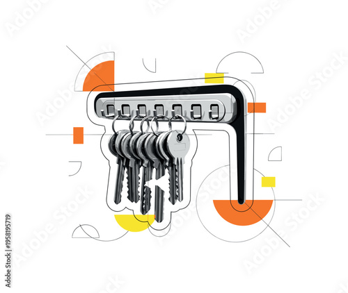 keys hanging from key holder with geometric highlights abstract semicircles lines and geometric blocks symbolizing organized or missing keys black and white