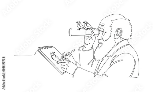Biology Innovator. Minimalistic one-line drawing Charles Darwin observing finches or sketching in a notebook representing theory of evolution, continuous