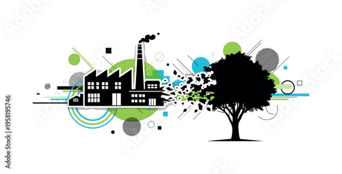 factory transforming into tree silhouette abstract circles lines and geometric blocks symbolizing ecological transition black and white retro objects with