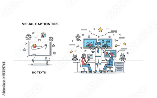 Visual Caption Tips. Minimalistic one-line drawing board with small icons and text lines indicating tips for writing engaging captions, continuous single black