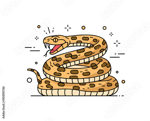 Close-up of a venomous snake?s head with fangs visible, subtle curved lines and tiny decorative dots highlighting danger and awareness in a modern editorial