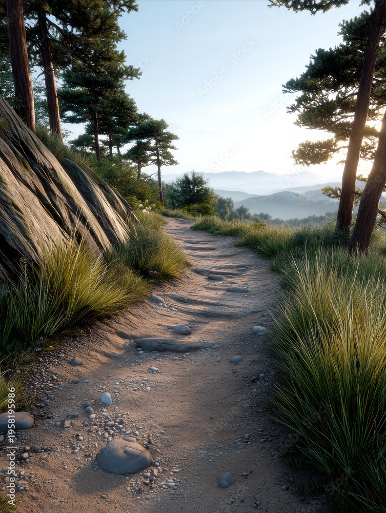 Obraz premium Peaceful mountain hiking trail with rocky path, tall grass, pine tree, sunrise, scenic landscape, outdoor adventure, tranquil morning