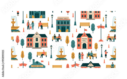 municipal town scene seamless pattern, town hall buildings, citizens, benches, fountains, and flagpoles arranged in a repeating pattern, white background with