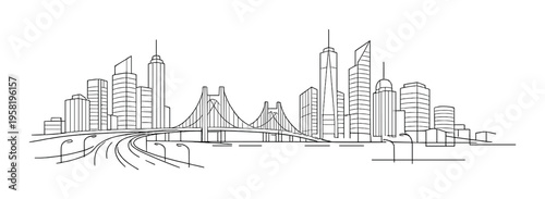 City skyline with suspension bridge and highway approach