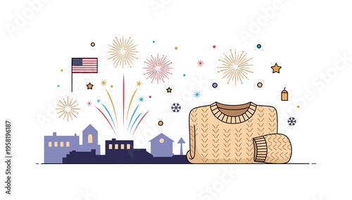 National celebration scene showing colorful fireworks exploding above silhouetted rooftops, tiny decorative stars and dots enhancing festive atmosphere,