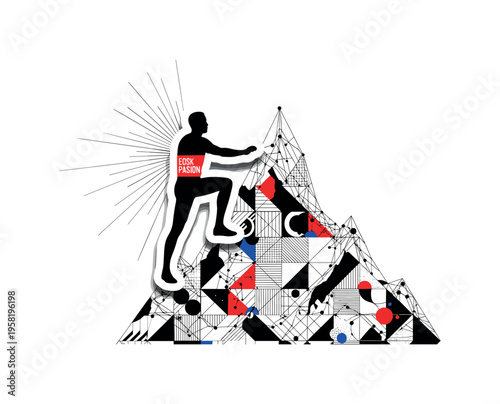 person climbing geometric mountain abstract circles lines and blocks symbolizing pursuit of passion despite fear black and white retro human silhouette with