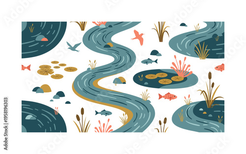 meandering river patterns seamless pattern, twisting river paths, rocks, aquatic plants, fish and birds arranged in a repeating pattern, white background with