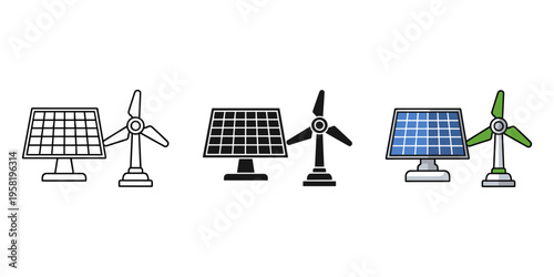 Renewable energy sources vector illustration, solar panels and wind turbines flat design