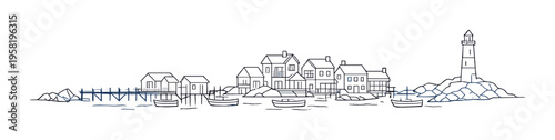 Small coastal village with lighthouse and boats on harbor