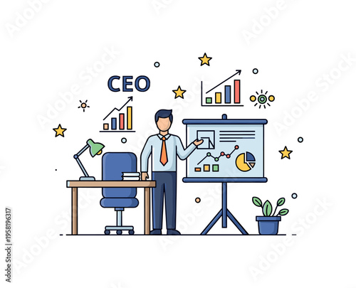 CEO in office modern executive environment with a business leader standing beside a desk and presentation board expressing leadership, strategy and corporate