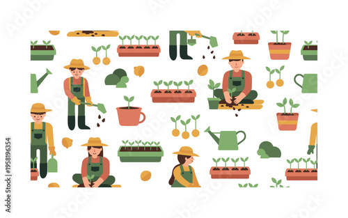 farmers planting seeds seamless pattern, eco-friendly agriculture, seedlings, seed trays, watering cans and sprouting plants arranged in a repeating pattern,