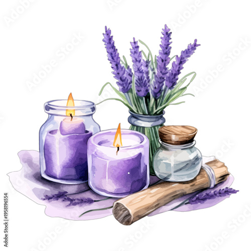 Lavender Spa Still Life Watercolor Clipart, Purple Scented Candles and Essential Oil with Wooden Stick