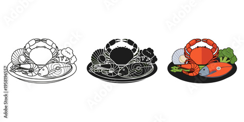 Seafood platter vector illustration with crab, lobster, and vegetables flat design