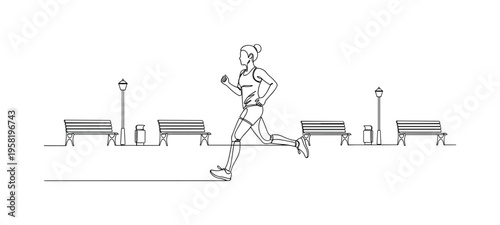 Park Morning Jogger. Minimalistic one-line drawing runner passing by park benches and lampposts in the distance, continuous single black line on