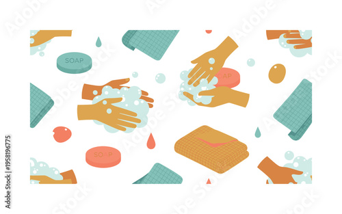 handwashing soap routine seamless pattern, soap bars, bubbles, lather, hands, washcloths and small water drops arranged in a repeating pattern, white