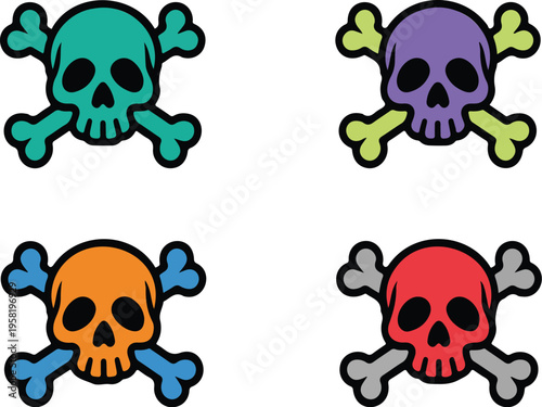 Set of four colorful skull and crossbones icons on white background, playful pirate danger symbol collection in flat vector style
