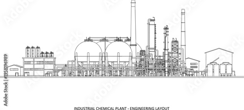 Industrial chemical plant layout, blueprint style, distillation columns, storage tanks, piping system, engineering infrastructure, manufacturing facility, technical architecture, process design