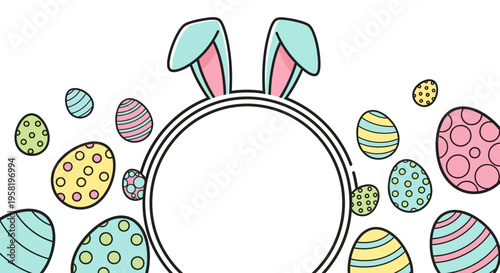 Colorful Easter Sunday template featuring a bunny headband with pastel eggs on a white background, ideal for social media decoration