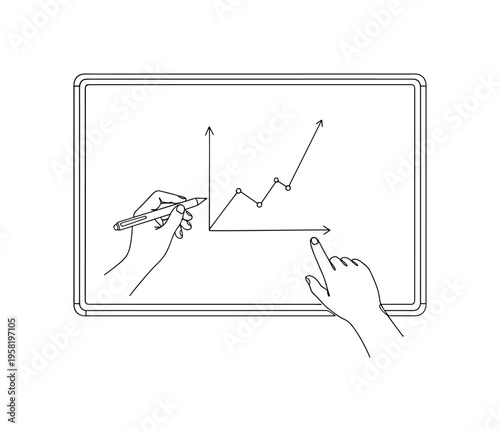 Interactive Whiteboard. Minimalistic one-line drawing digital whiteboard with pen and touch input for collaborative learning, continuous single black line on