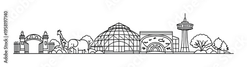 Zoo entrance with animal exhibits and dome aquarium and tower