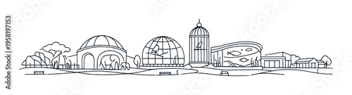 Zoo exhibits displayed along a linear park promenade setting