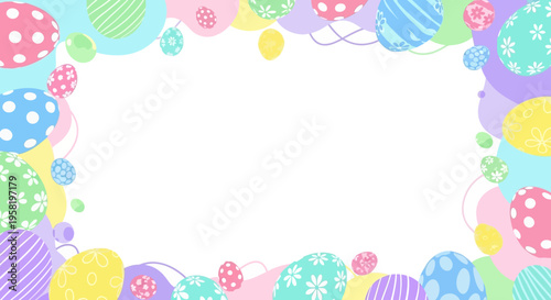 Easter Sunday social media template featuring a colorful border of pastel eggs and bunnies on a white background