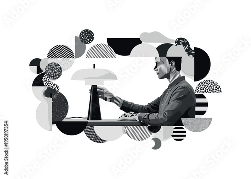 designer arranging lamp on table, geometric circles semicircles and abstract shapes symbolizing curation and style, black and white retro realistic hand