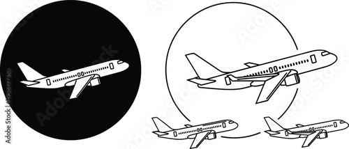 Airplane icon set featuring passenger jet silhouettes and line art symbols for travel aviation transport and tourism industry vector design