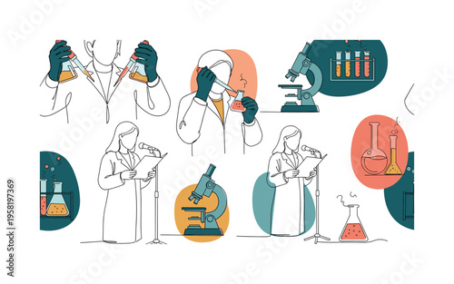 hands-on lab work seamless pattern, scientists manipulating test tubes, pipettes, flasks, microscopes and lab equipment arranged in a repeating pattern, white