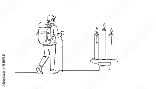 Wanderlust Scene. Minimalistic one-line drawing traveler moving forward with curiosity through nature or urban landscape, continuous single black line on white