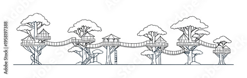 Treehouses connected by bridges in elevated forest canopy