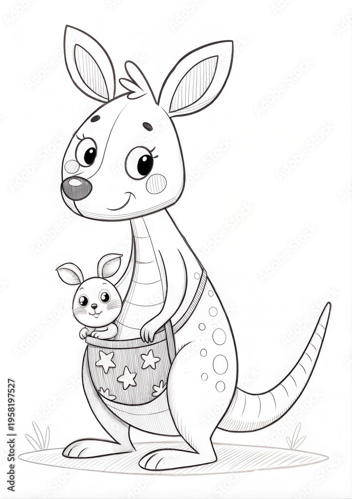 Obraz premium Cute Kangaroo with Joey Outline Sketch for Coloring Book 