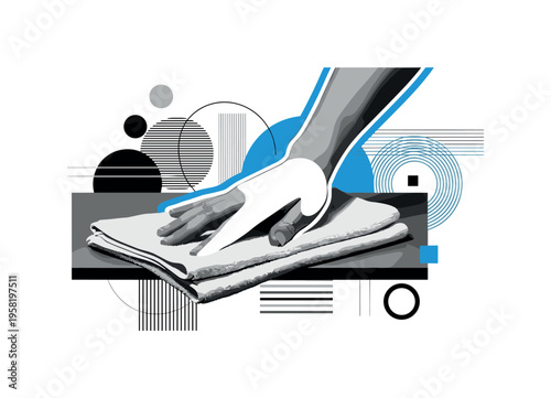 hand spreading wet towel on table abstract circles lines and geometric shapes representing preparation or cleaning black and white retro hand and towel with