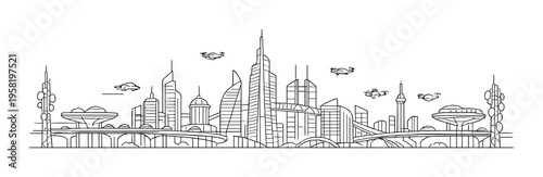 Futuristic city skyline with flying vehicles on elevated highway
