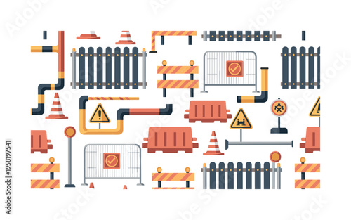 temporary site fencing seamless pattern, fence panels, construction cones, barricades, warning signs, connectors and poles arranged in a repeating pattern,