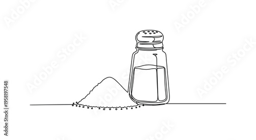 Salt Pile on Table. Minimalistic one-line drawing small mound of spilled salt beside a standing shaker, continuous single black line on white background,