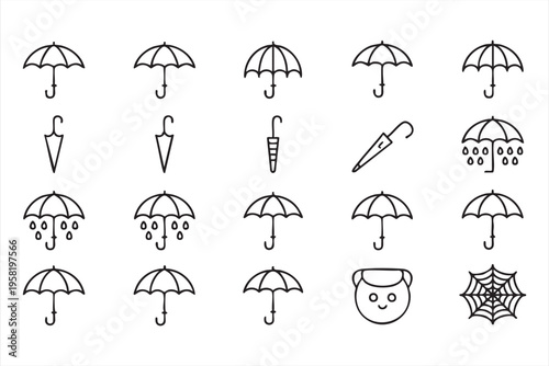 Umbrella and Rain Weather Line Icons for Protection and Forecast Design