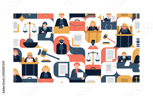 courtroom proceedings seamless pattern, lawyers, judges, legal pads, briefcases, gavels and courtroom furniture arranged in a repeating pattern,