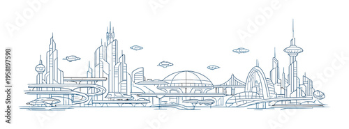 Futuristic city skyline with elevated platforms and flying craft