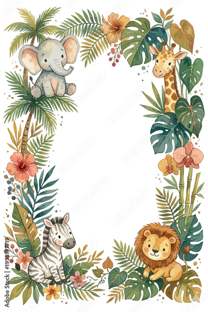 Ταπετσαρία Cute safari animals watercolor frame with tropical jungle leaves