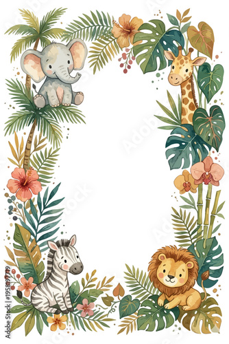 Cute safari animals watercolor frame with tropical jungle leaves. Baby jungle animals border with elephant lion giraffe and zebra. Watercolor tropical foliage and wild animals nursery invitation
