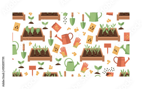 backyard planting seamless pattern, raised vegetable beds, trowels, watering cans, seeds, seedlings, gloves and garden markers arranged in a repeating pattern,